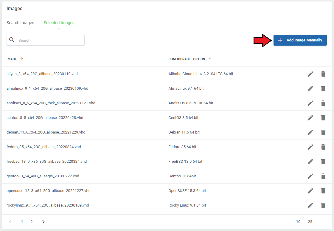Alibaba Cloud Virtual Machines For WHMCS: Images section, Selected Images tab, with the Add Image Manually button