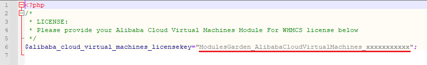 Alibaba Cloud Virtual Machines For WHMCS: license.php file open in an editor with the license key entered