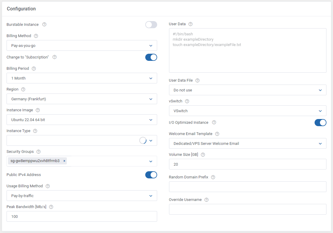 Alibaba Cloud Virtual Machines For WHMCS: product Configuration section with billing, region, image and instance