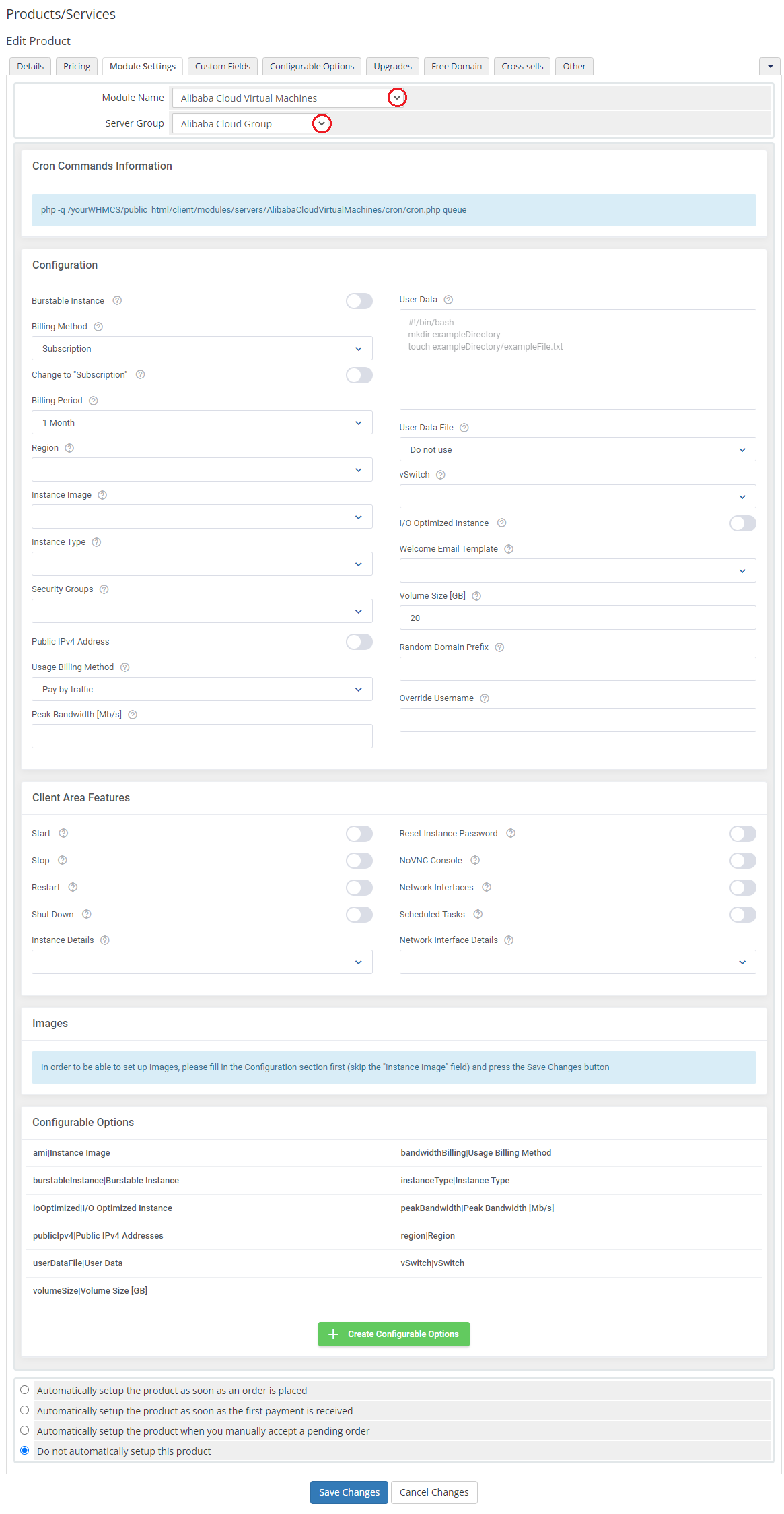 Alibaba Cloud Virtual Machines For WHMCS: product Module Settings tab with the module and server group selected