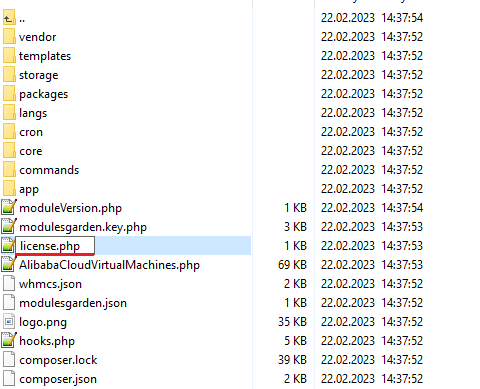 Alibaba Cloud Virtual Machines For WHMCS: module files with license.php renamed from licenseRENAME.php