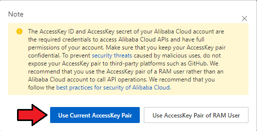 Alibaba Cloud Virtual Machines For WHMCS: AccessKey notice with the Use Current AccessKey Pair button