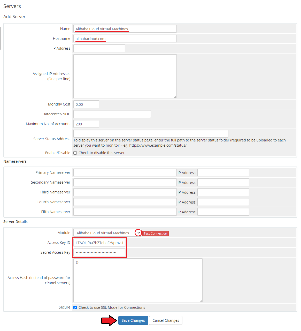 Alibaba Cloud Virtual Machines For WHMCS: WHMCS Add Server form with the module, Access Key ID and Secret Access Key