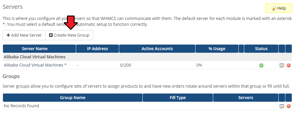 Alibaba Cloud Virtual Machines For WHMCS: WHMCS Servers list with the Create New Group button marked