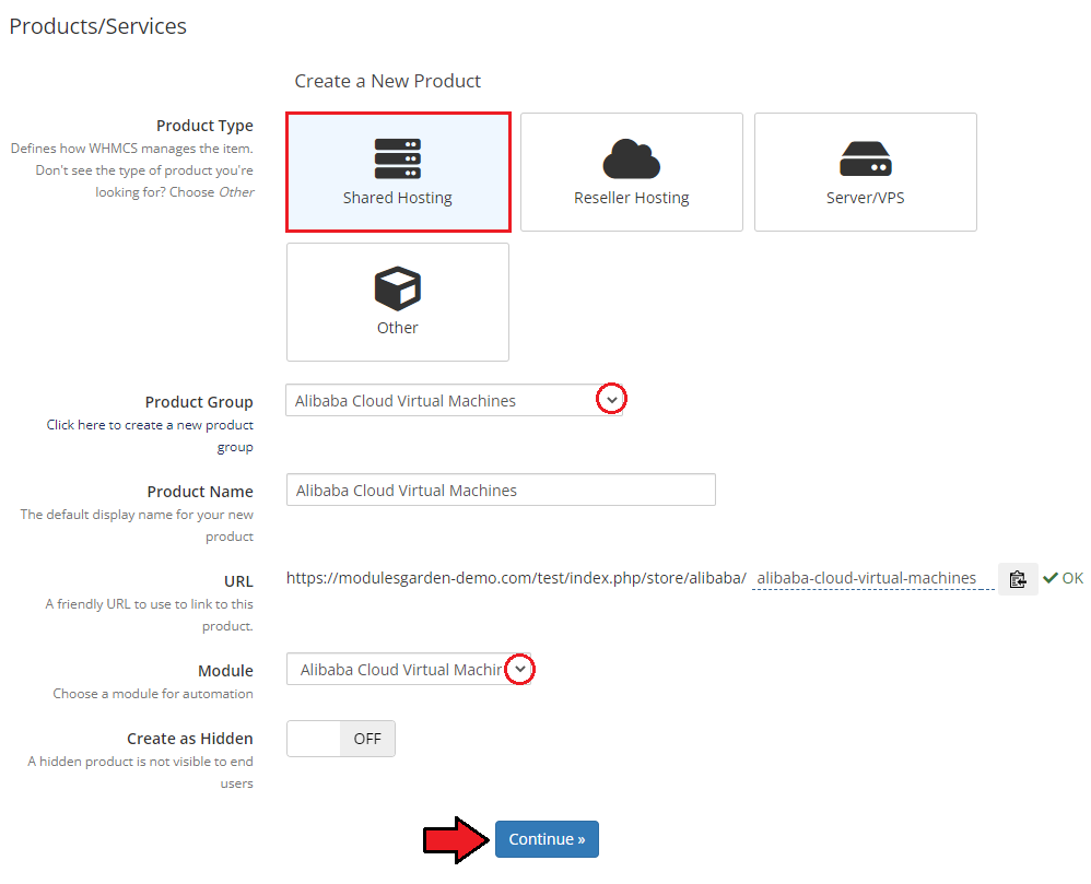 Alibaba Cloud Virtual Machines For WHMCS: WHMCS Create a New Product form with group, name and module selected