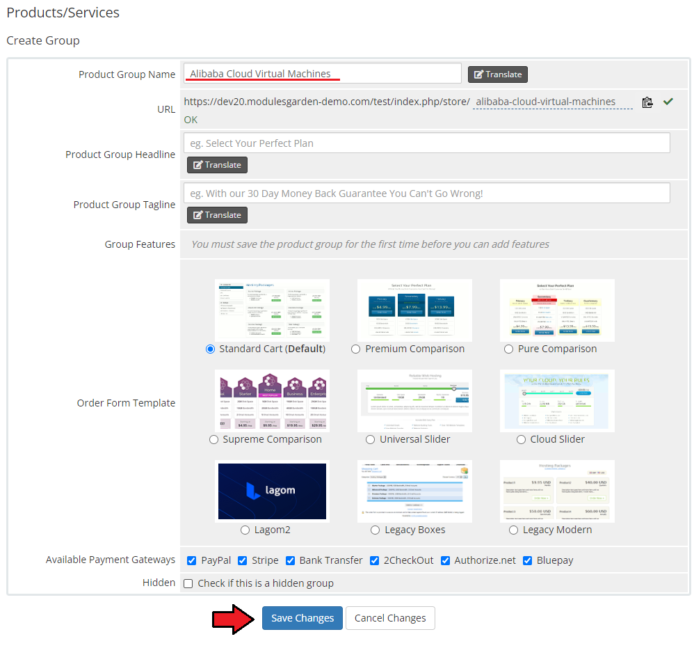 Alibaba Cloud Virtual Machines For WHMCS: WHMCS Create Group form with the product group name and Save Changes button