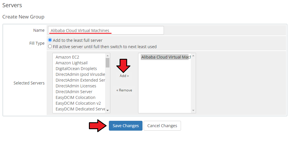 Alibaba Cloud Virtual Machines For WHMCS: WHMCS Create New Group form with the server added to the group