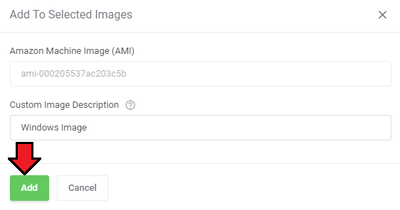 Amazon EC2 For WHMCS: Add To Selected Images dialog with the AMI ID and Custom Image Description fields
