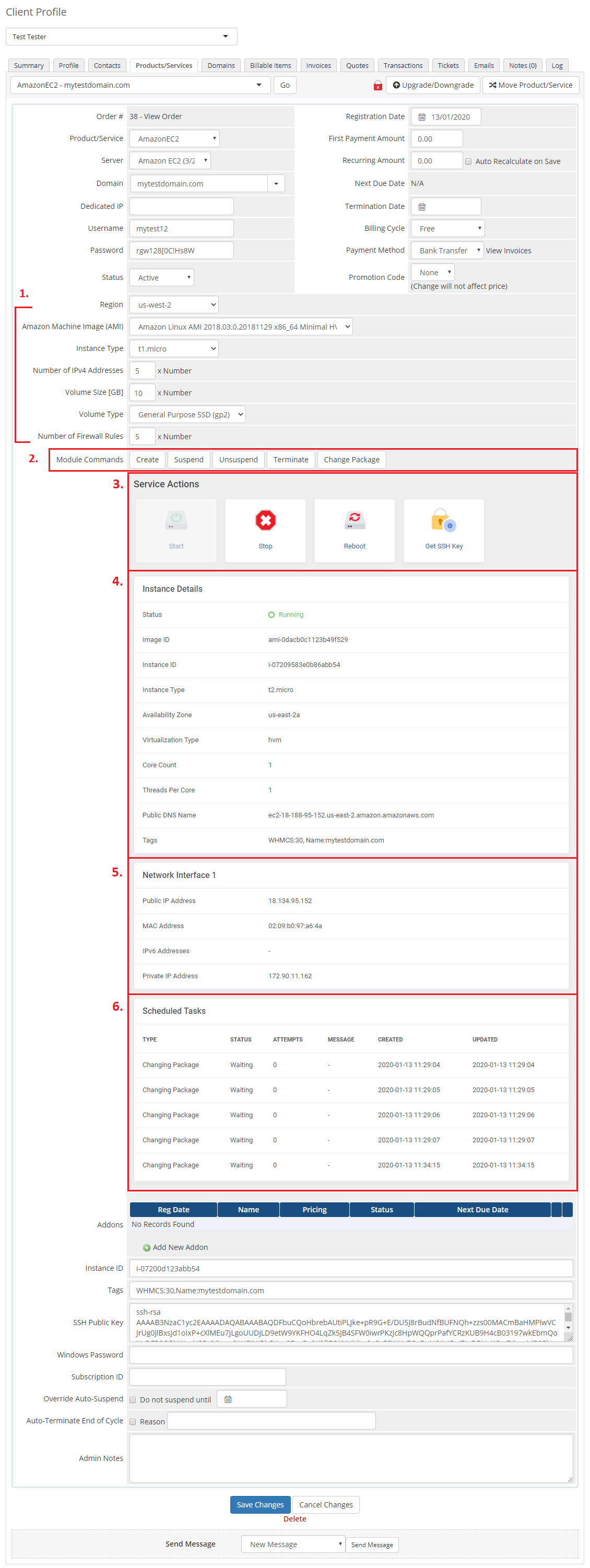 Amazon EC2 For WHMCS: WHMCS admin product page with module commands, service actions, instance details and tasks