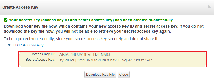 Amazon EC2 For WHMCS: AWS Create Access Key dialog showing the new Access Key ID and Secret Access Key