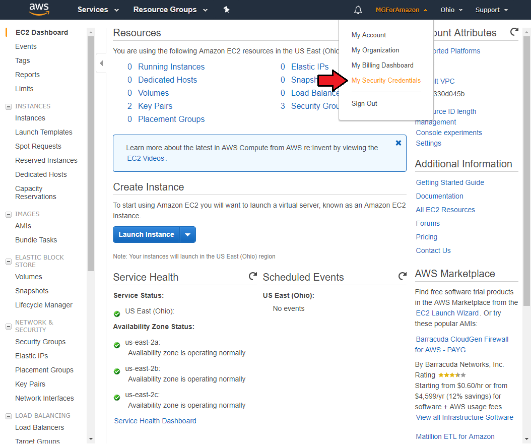 Amazon EC2 For WHMCS: AWS EC2 dashboard with the account menu open and My Security Credentials highlighted