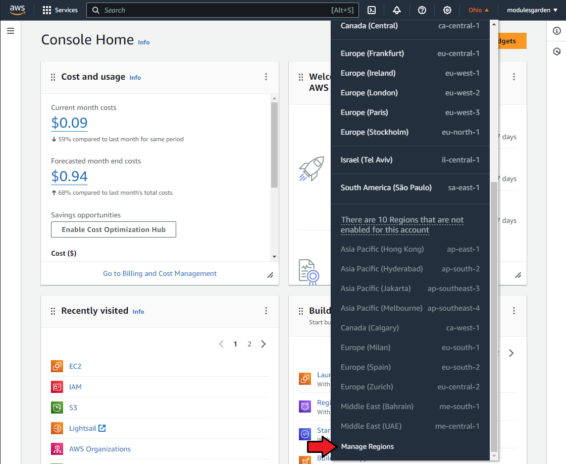 Amazon EC2 For WHMCS: AWS Console region menu with disabled regions listed and the Manage Regions link