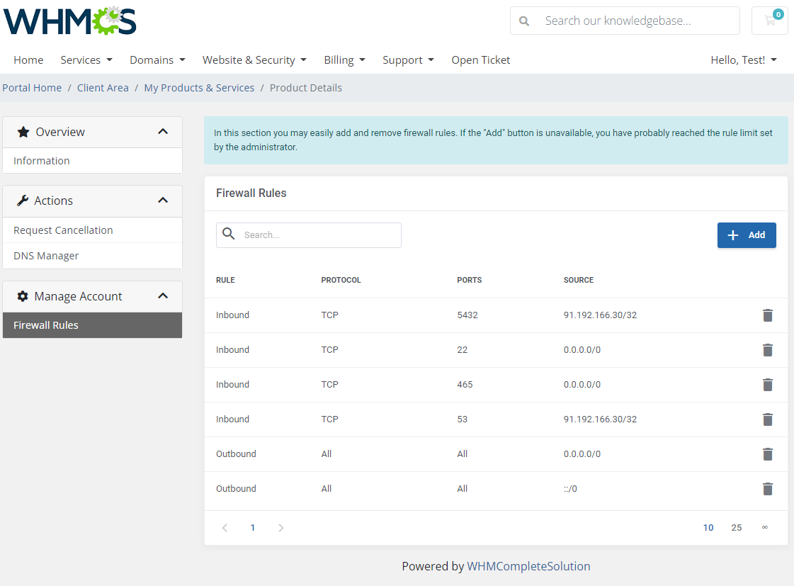 Amazon EC2 For WHMCS: WHMCS client area Firewall Rules page with the rules table and the Add button