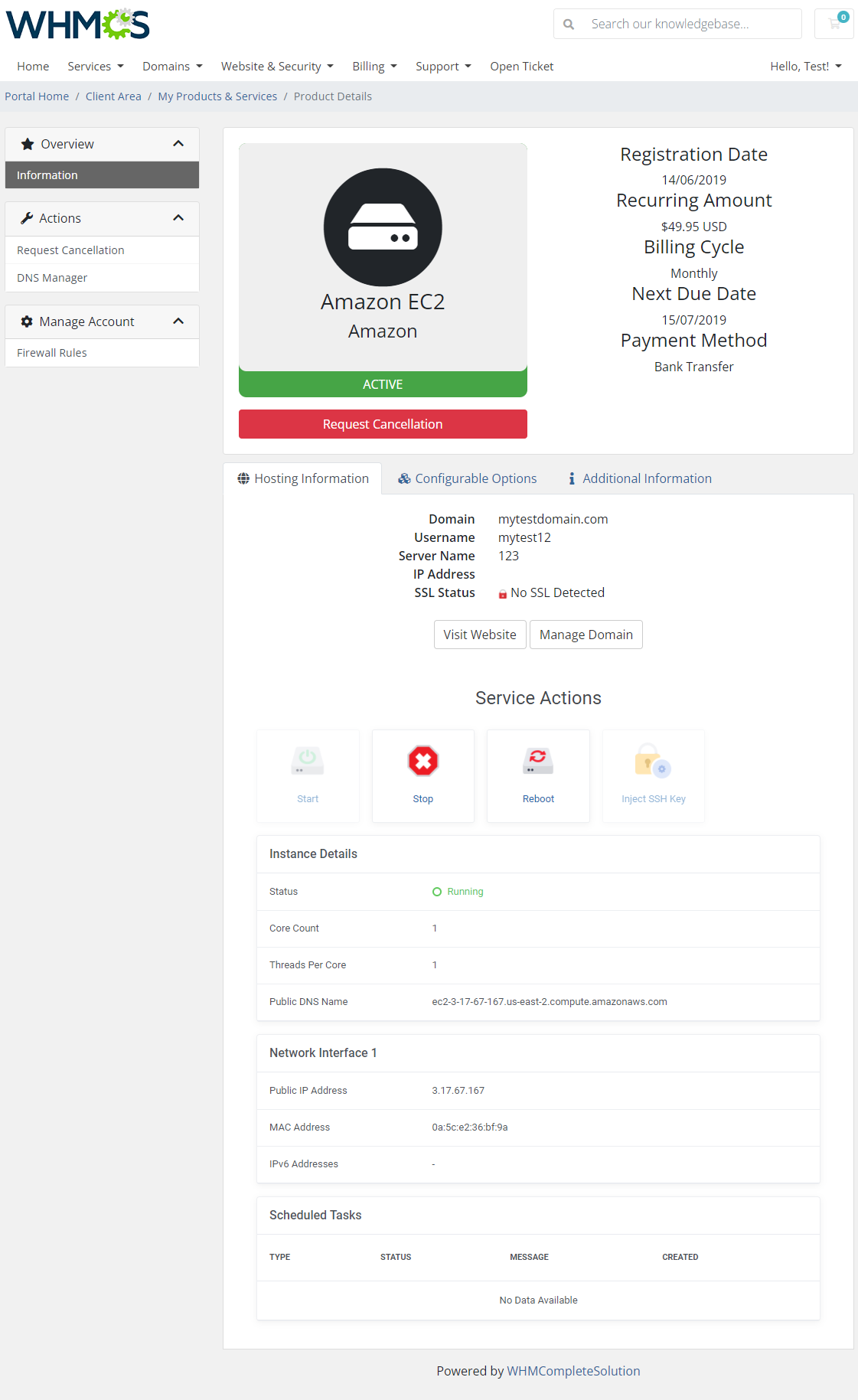 Amazon EC2 For WHMCS: WHMCS client area product page with service actions, instance and network details, tasks