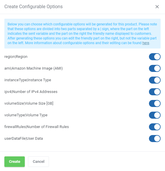 Amazon EC2 For WHMCS: Create Configurable Options dialog with a list of switches for region, AMI, instance type and more