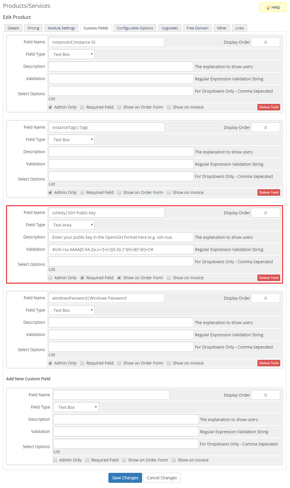 Amazon EC2 For WHMCS: Custom Fields tab of the product with the sshKey field highlighted, set as a required Text Area