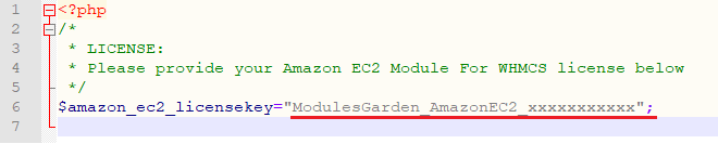 Amazon EC2 For WHMCS: license.php file open in an editor with the license key placed between quotation marks