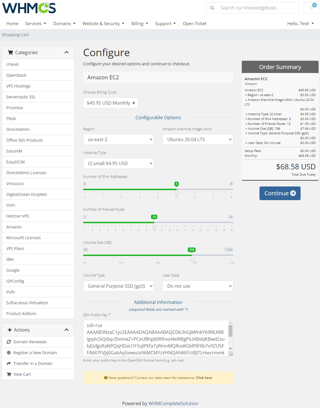 Amazon EC2 For WHMCS: WHMCS order form Configure page with configurable options and the SSH Public Key field
