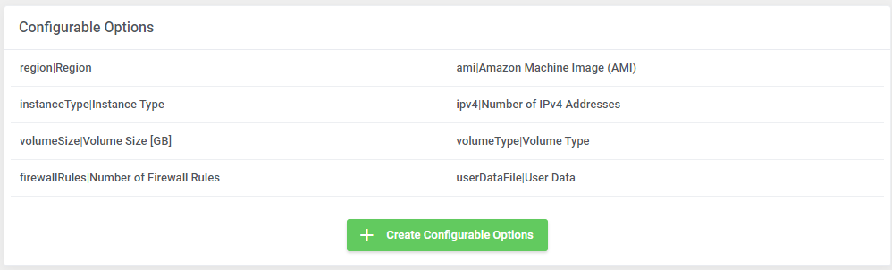 Amazon EC2 For WHMCS: Configurable Options section of the product with the Create Configurable Options button