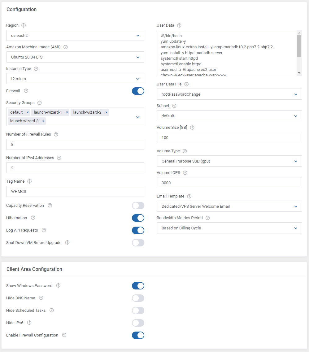 Amazon EC2 For WHMCS: Configuration and Client Area Configuration sections of product settings, filled in