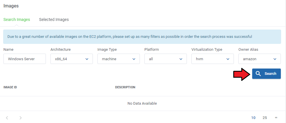 Amazon EC2 For WHMCS: Images section of the product with the Search Images tab, filters and Search button
