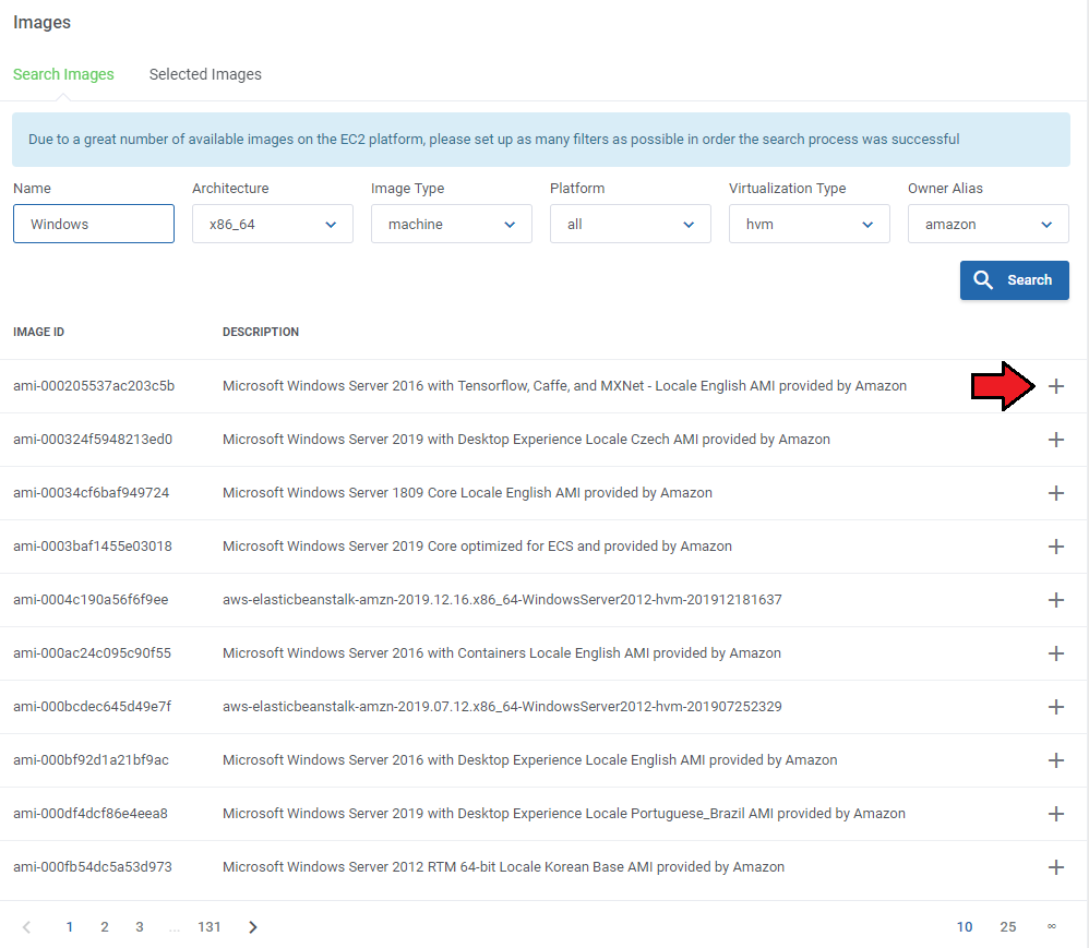 Amazon EC2 For WHMCS: Images section search results list of AMIs with the plus button to add an image