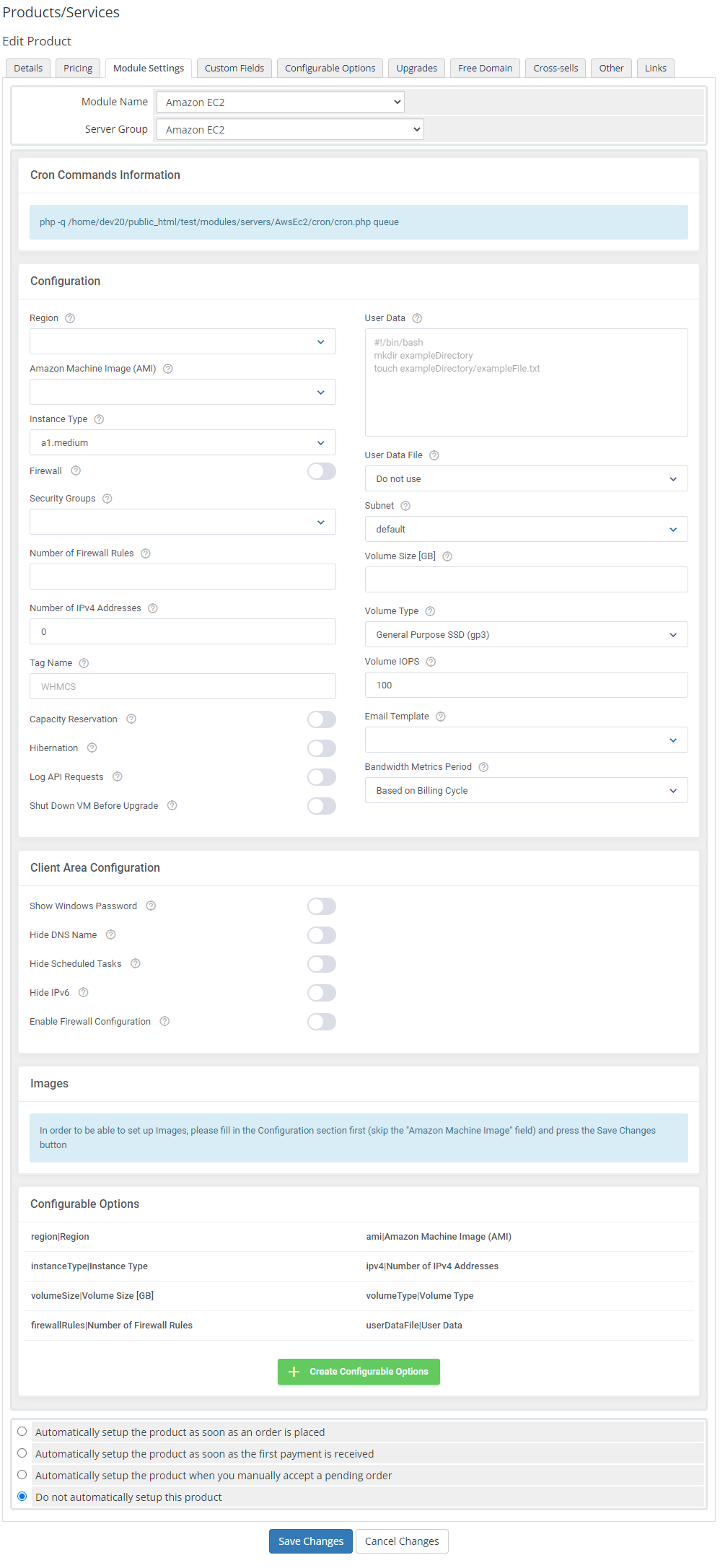 Amazon EC2 For WHMCS: Module Settings tab of the product with the Amazon EC2 server group selected and the full