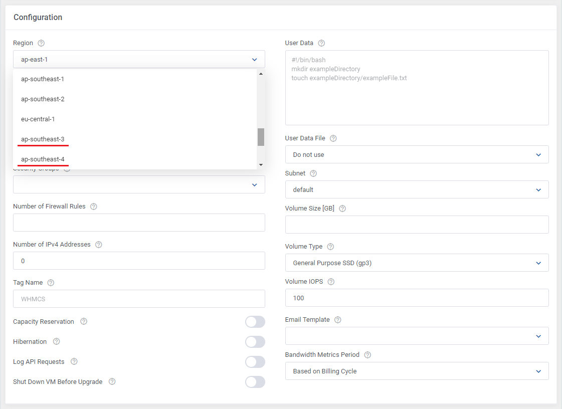 Amazon EC2 For WHMCS: Region dropdown in the product configuration listing the newly enabled regions such as