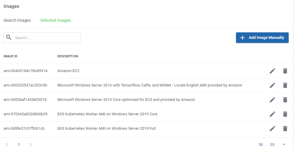 Amazon EC2 For WHMCS: Images section Selected Images tab with the list of added AMIs and Add Image Manually button
