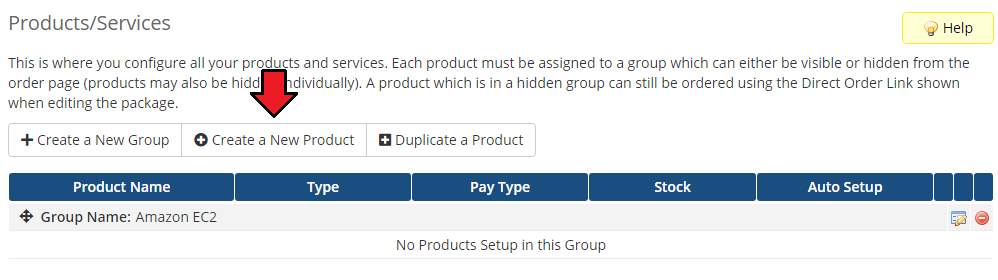 Amazon EC2 For WHMCS: WHMCS admin Products/Services page with the new Amazon EC2 group and Create a New Product button
