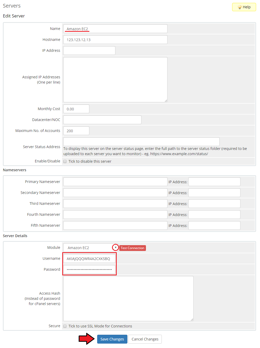 Amazon EC2 For WHMCS: WHMCS admin Edit Server form with the Amazon EC2 module, access key ID and secret key fields