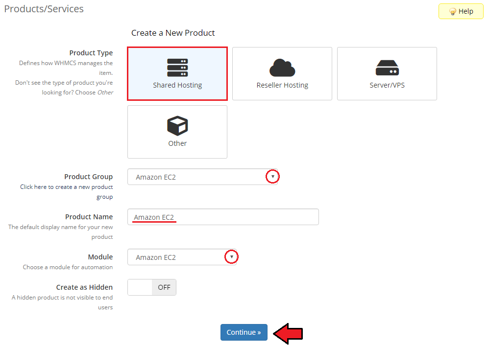 Amazon EC2 For WHMCS: WHMCS admin Create a New Product form with product type, group, name and Amazon EC2 module