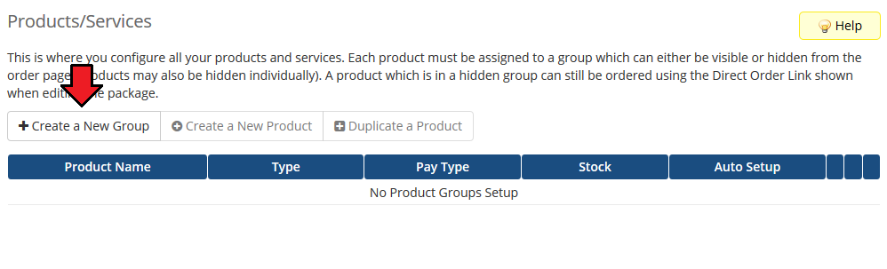 Amazon EC2 For WHMCS: WHMCS admin Products/Services page with the Create a New Group button