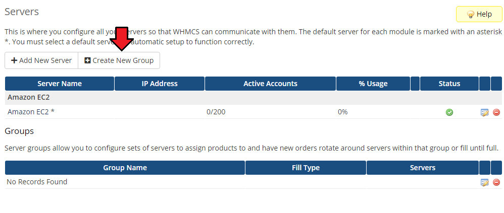 Amazon EC2 For WHMCS: WHMCS admin Servers page with the Amazon EC2 server listed and the Create New Group button