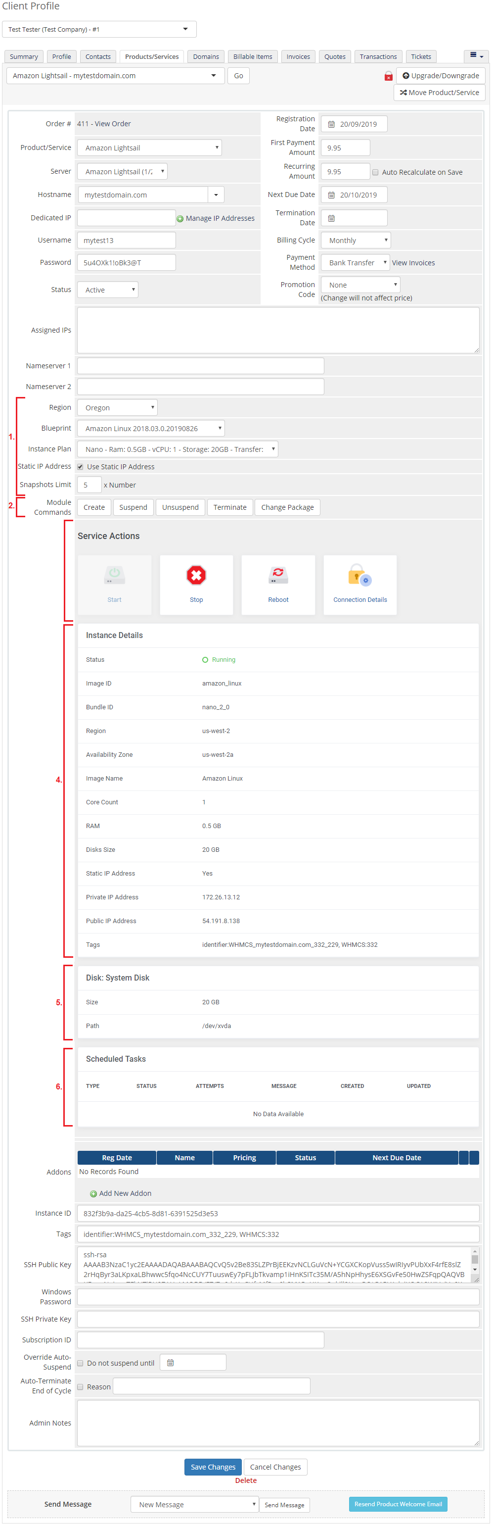 Amazon Lightsail For WHMCS: WHMCS admin service page with numbered module sections and instance details