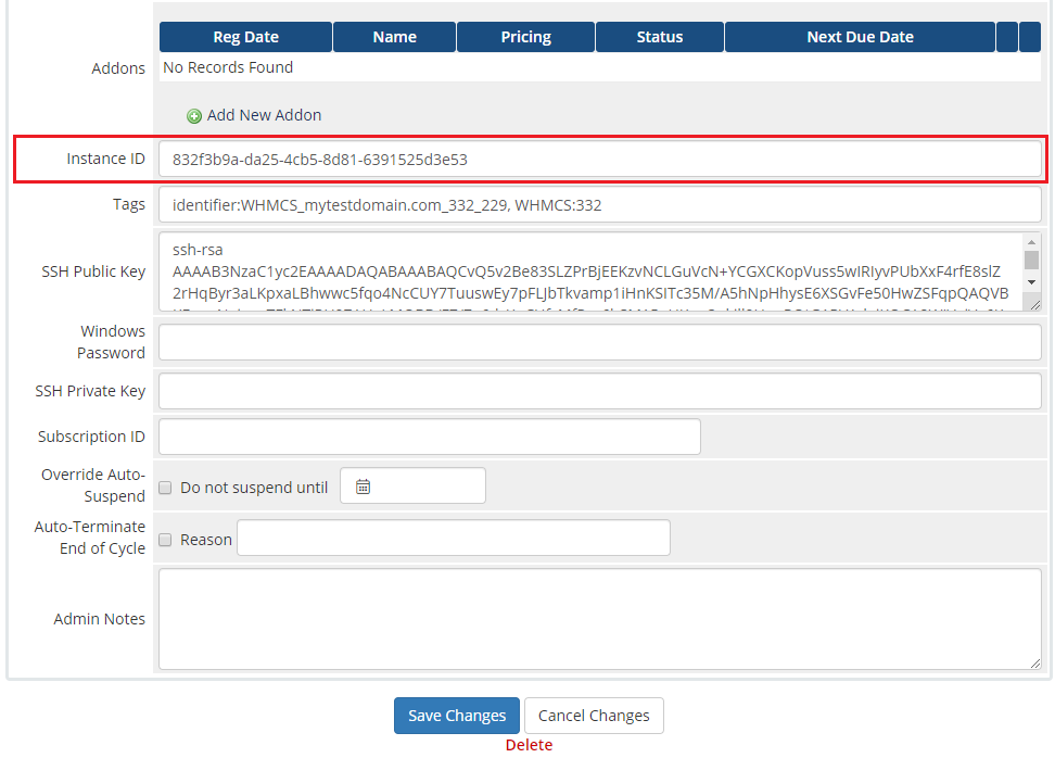 Amazon Lightsail For WHMCS: WHMCS admin product details with the Instance ID field highlighted for importing an