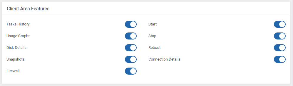Amazon Lightsail For WHMCS: Client Area Features section with switches for Tasks History, Snapshots, Firewall and