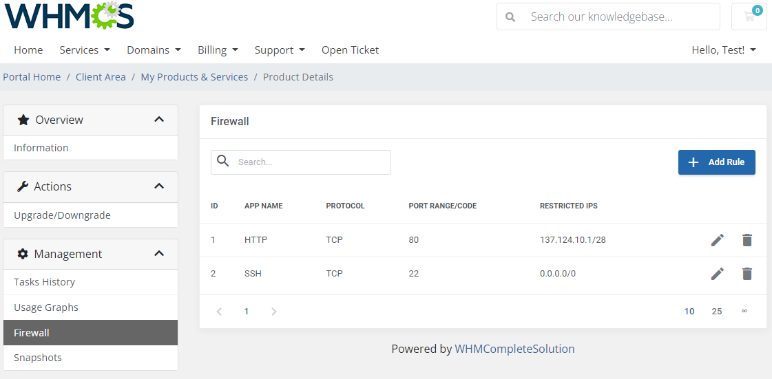 Amazon Lightsail For WHMCS: client area Firewall page with the rules table, Add Rule button, edit and delete icons