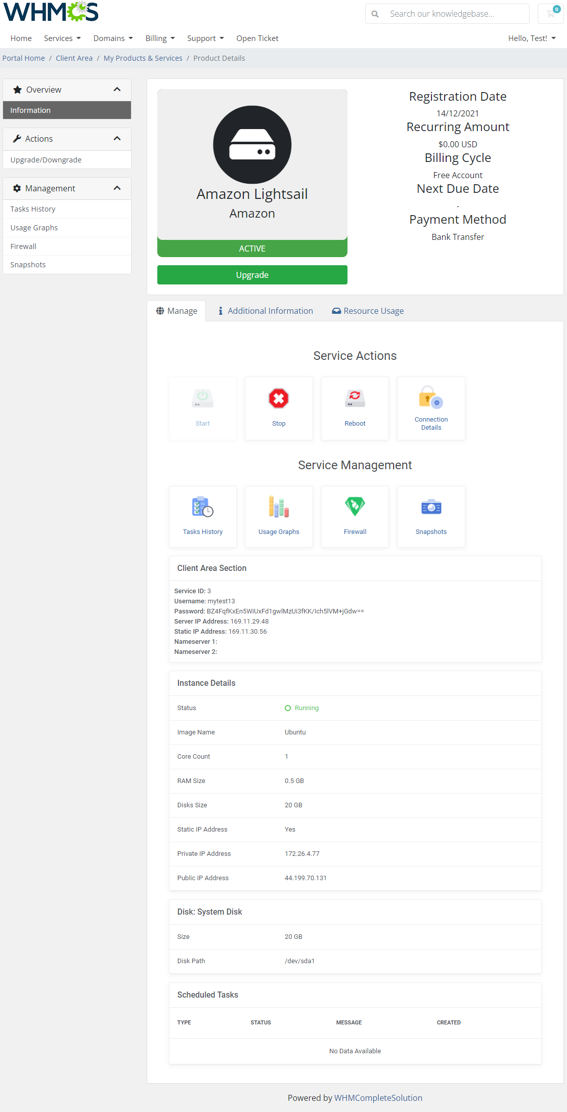 Amazon Lightsail For WHMCS: WHMCS client area product page with service actions and instance details