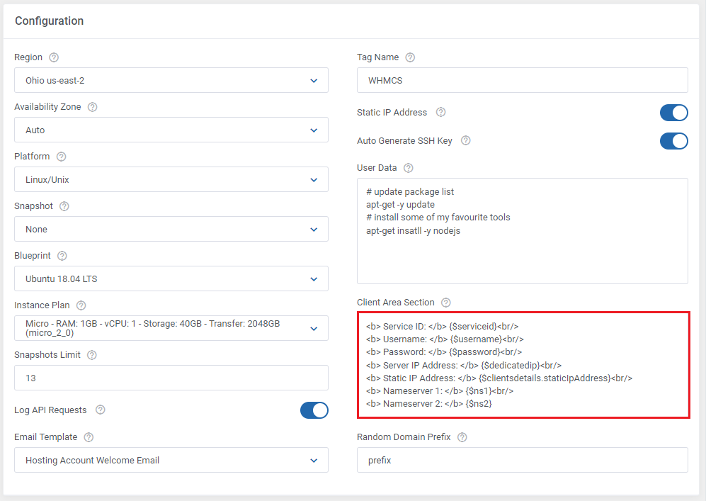 Amazon Lightsail For WHMCS: module settings with the Client Area Section field filled with HTML and WHMCS variables