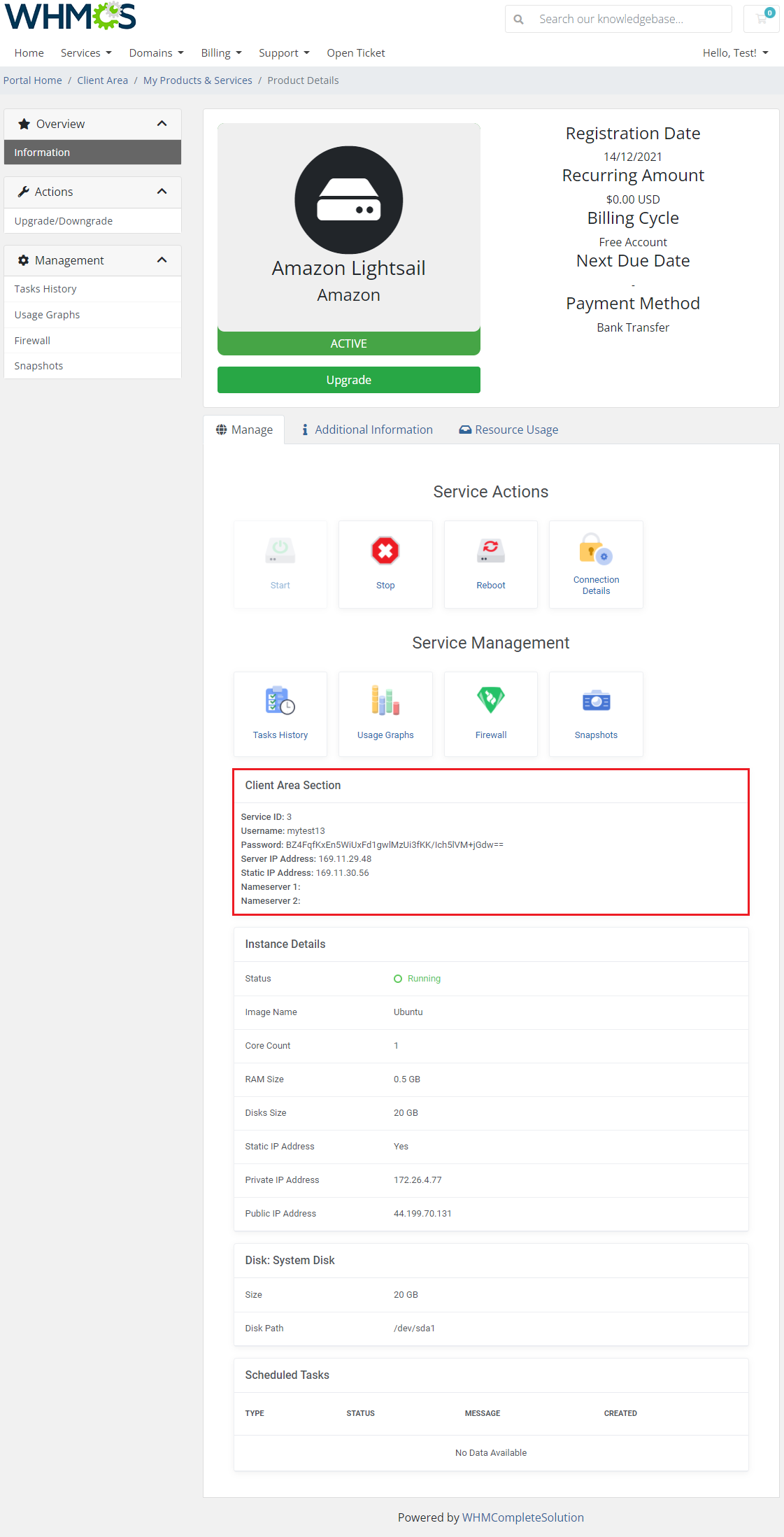 Amazon Lightsail For WHMCS: WHMCS client area product page with the custom Client Area Section highlighted