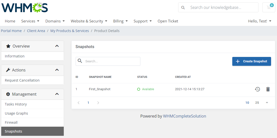 Amazon Lightsail For WHMCS: client area Snapshots page with the Create Snapshot button and an available snapshot