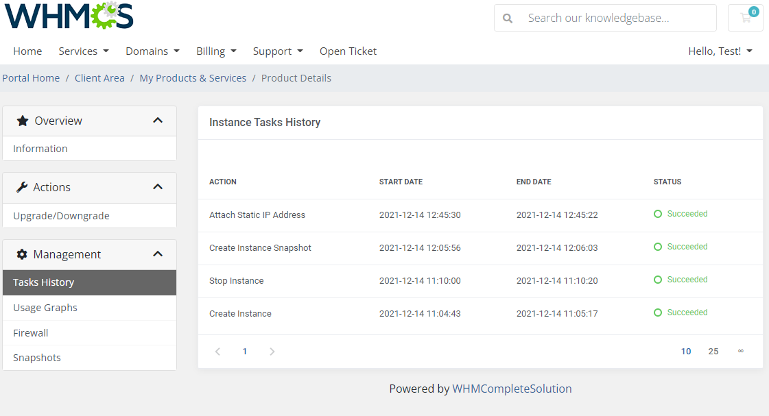 Amazon Lightsail For WHMCS: client area Instance Tasks History table with action, start date, end date and status