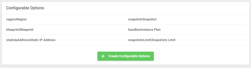 Amazon Lightsail For WHMCS: Configurable Options section on the module settings with the Create Configurable Options