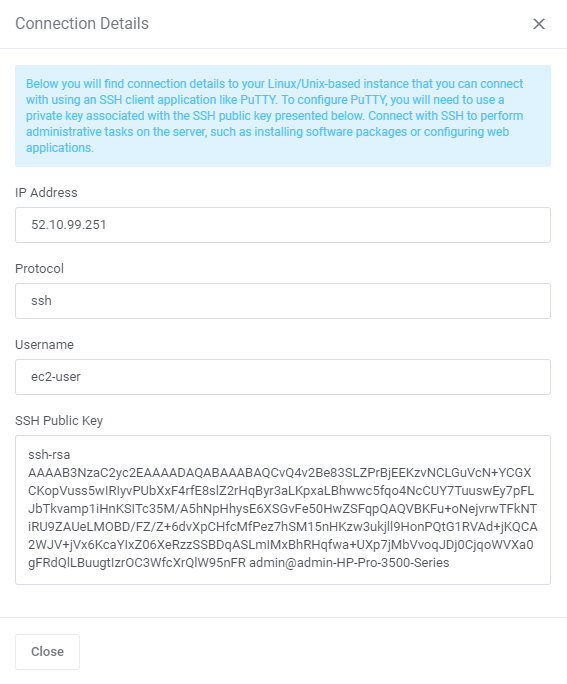 Amazon Lightsail For WHMCS: Connection Details window for a Linux instance with ssh protocol and public key