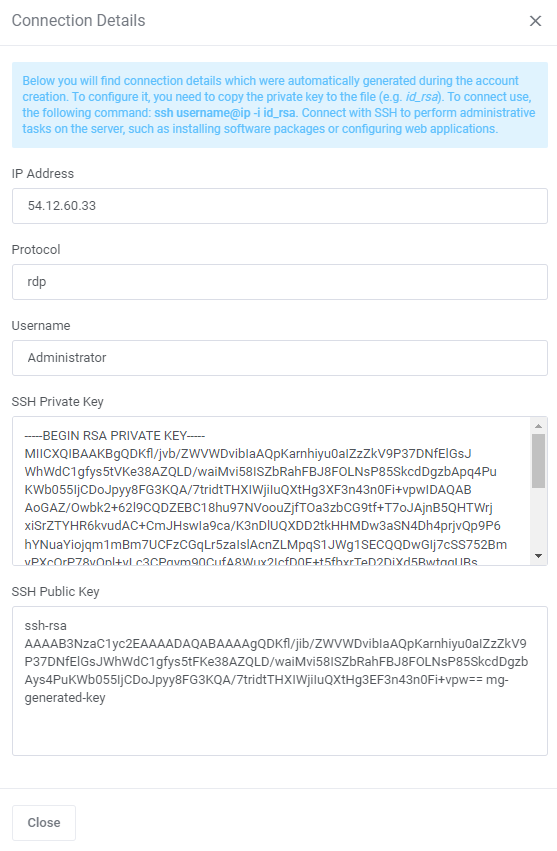 Amazon Lightsail For WHMCS: Connection Details window for a Windows instance with rdp protocol and SSH keys