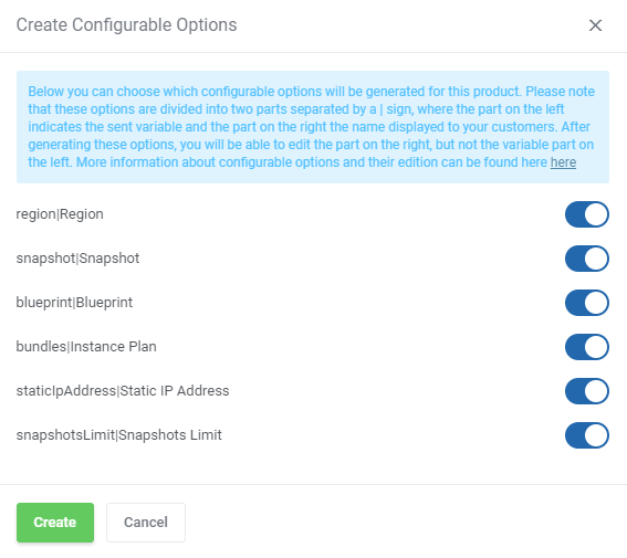 Amazon Lightsail For WHMCS: Create Configurable Options dialog with switches for region, blueprint and instance plan