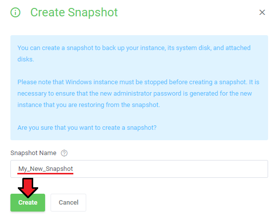 Amazon Lightsail For WHMCS: Create Snapshot window with the snapshot name field and a note about stopping Windows