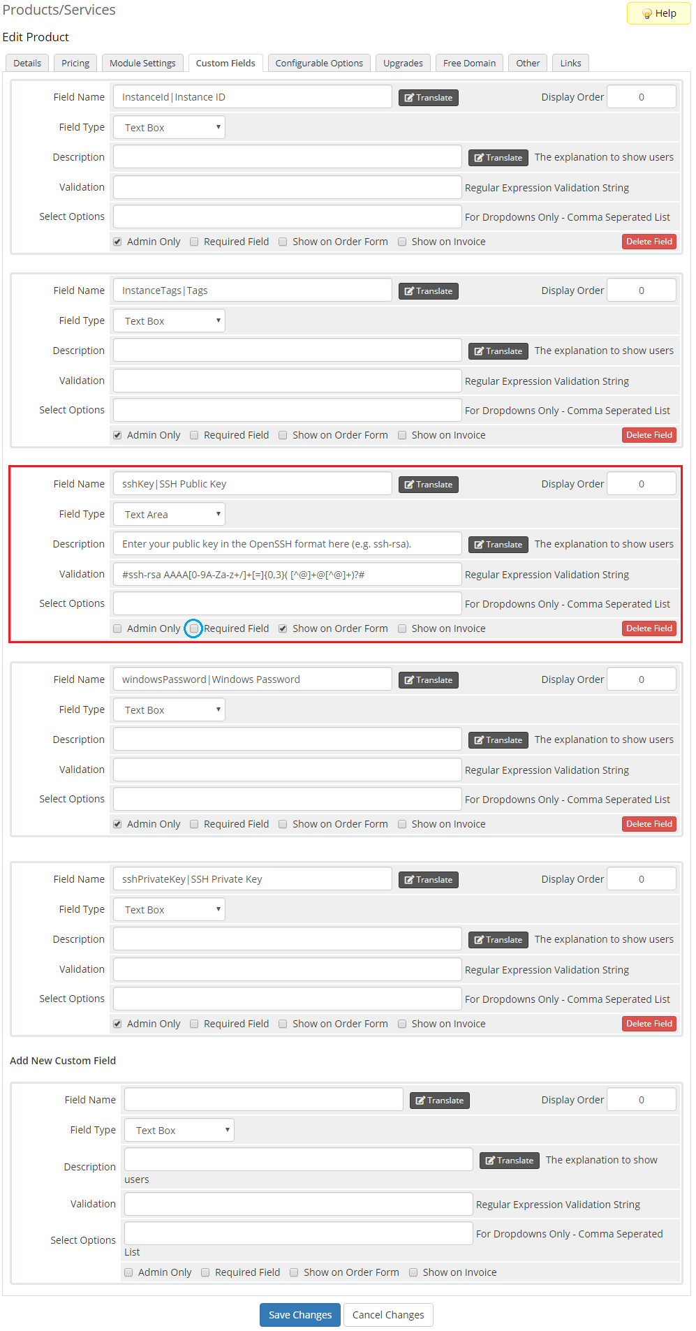 Amazon Lightsail For WHMCS: product Custom Fields tab with the sshKey field using a regular expression validation