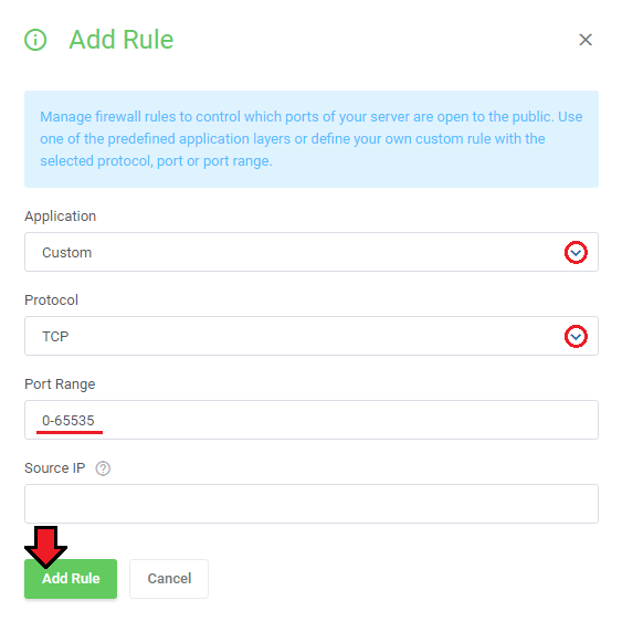 Amazon Lightsail For WHMCS: Add Rule window with application, protocol, port range and source IP fields